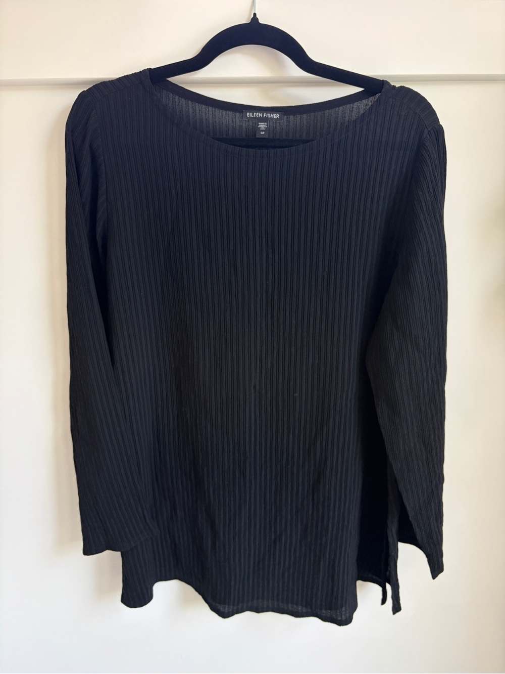 Eileen Fisher Black Ribbed Long-Sleeve Crew Oversized Top - Small